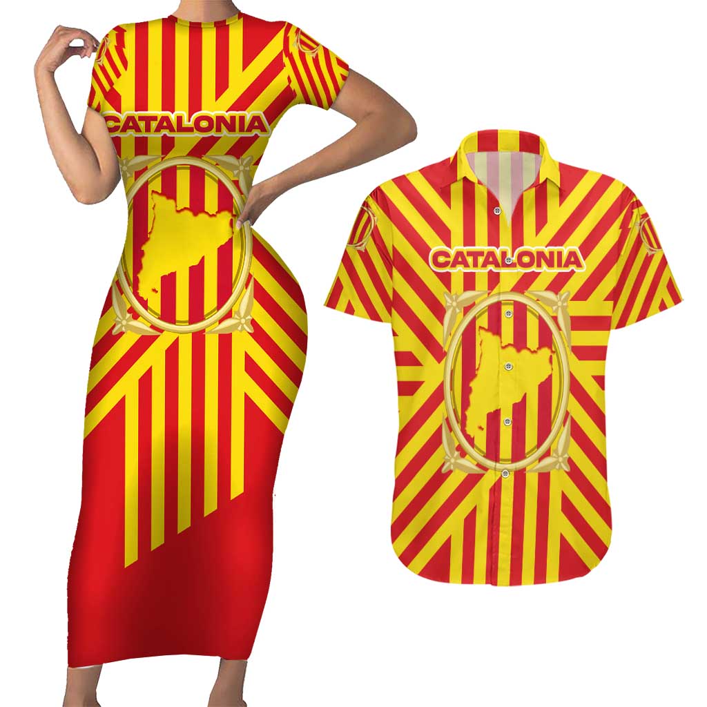 Catalonia Flag Couples Matching Short Sleeve Bodycon Dress and Hawaiian Shirt Autonomous Community of Spain - Wonder Print Shop