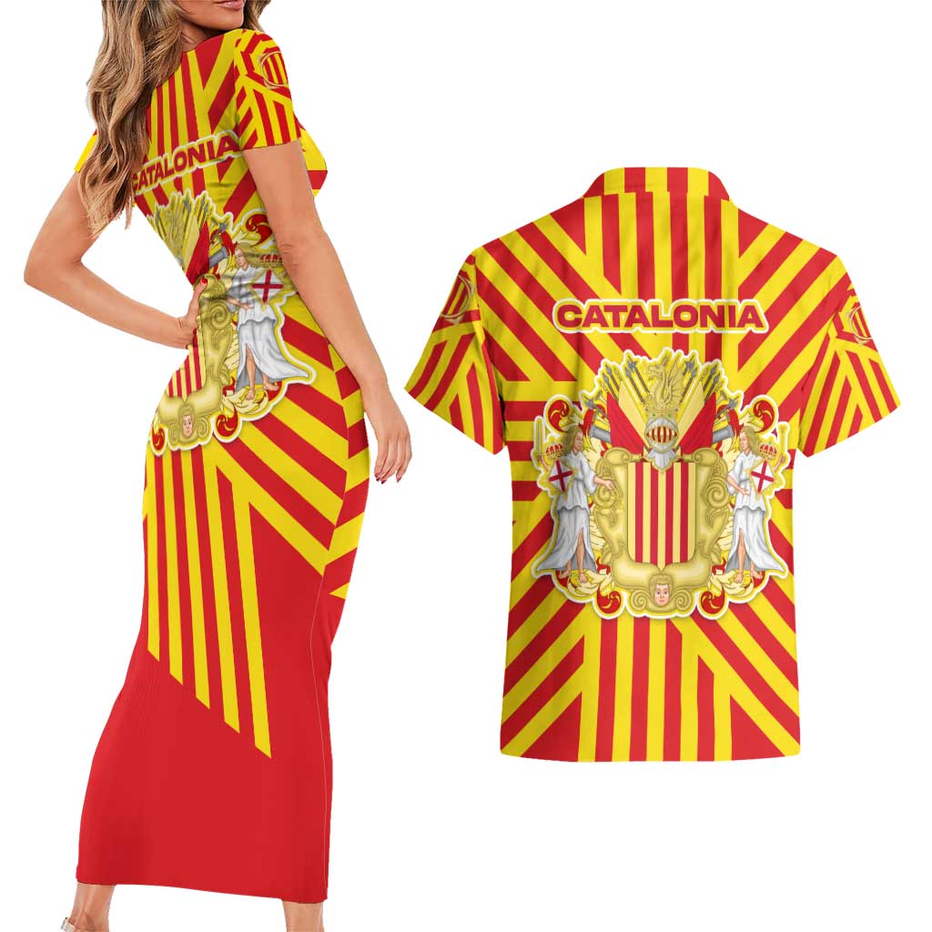 Catalonia Flag Couples Matching Short Sleeve Bodycon Dress and Hawaiian Shirt Autonomous Community of Spain - Wonder Print Shop
