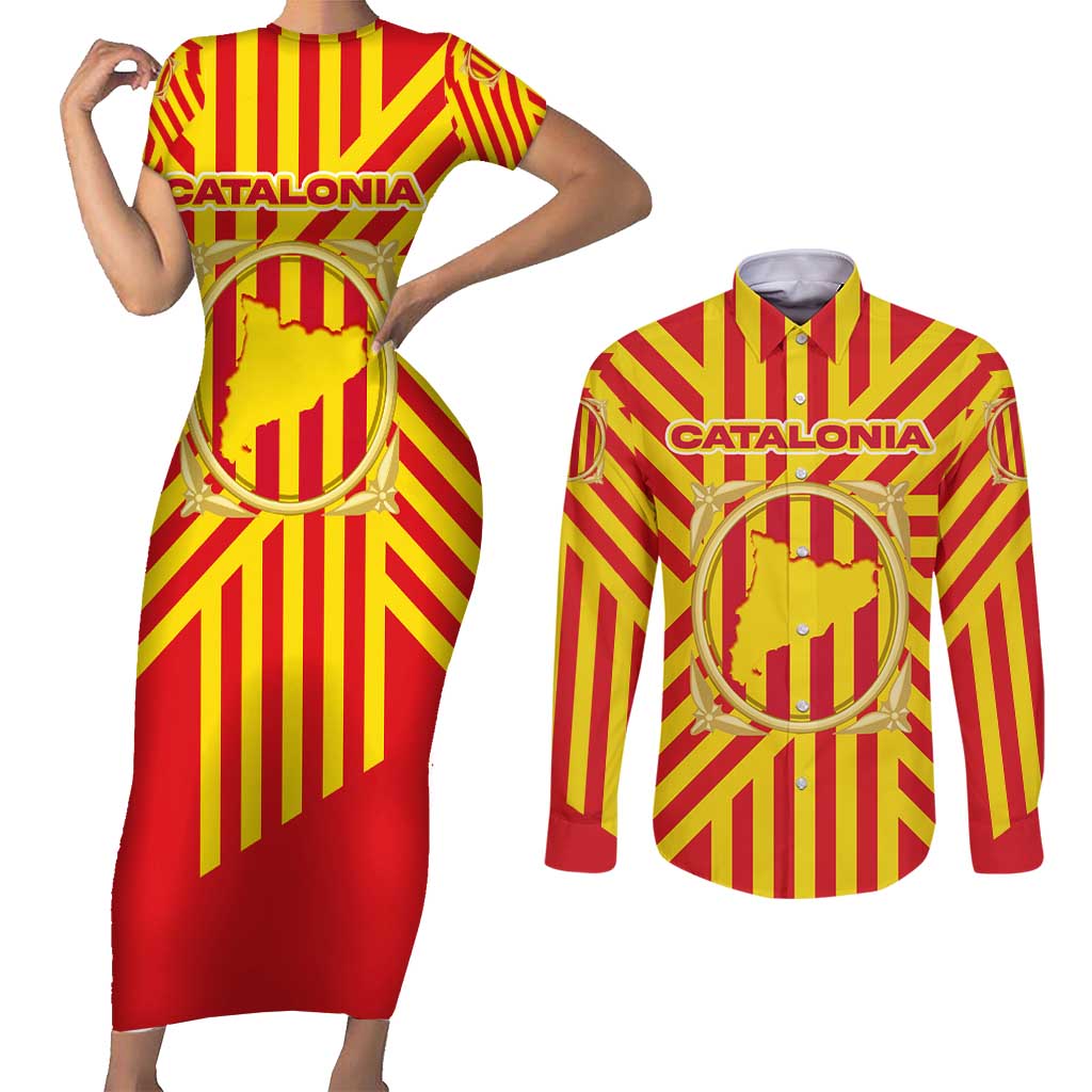 Catalonia Flag Couples Matching Short Sleeve Bodycon Dress and Long Sleeve Button Shirt Autonomous Community of Spain - Wonder Print Shop