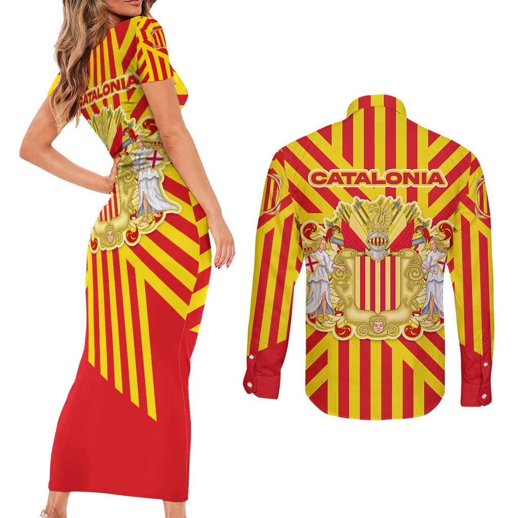 Catalonia Flag Couples Matching Short Sleeve Bodycon Dress and Long Sleeve Button Shirt Autonomous Community of Spain - Wonder Print Shop