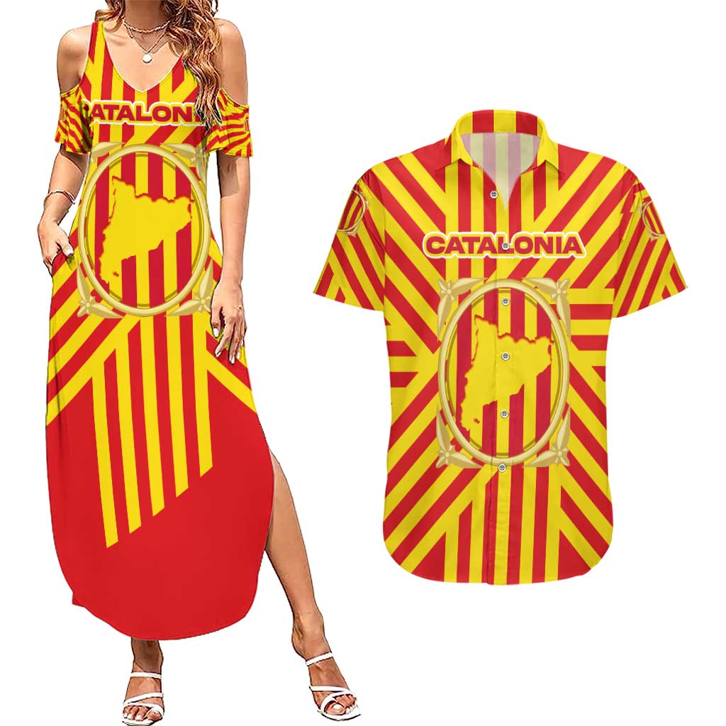 Catalonia Flag Couples Matching Summer Maxi Dress and Hawaiian Shirt Autonomous Community of Spain - Wonder Print Shop