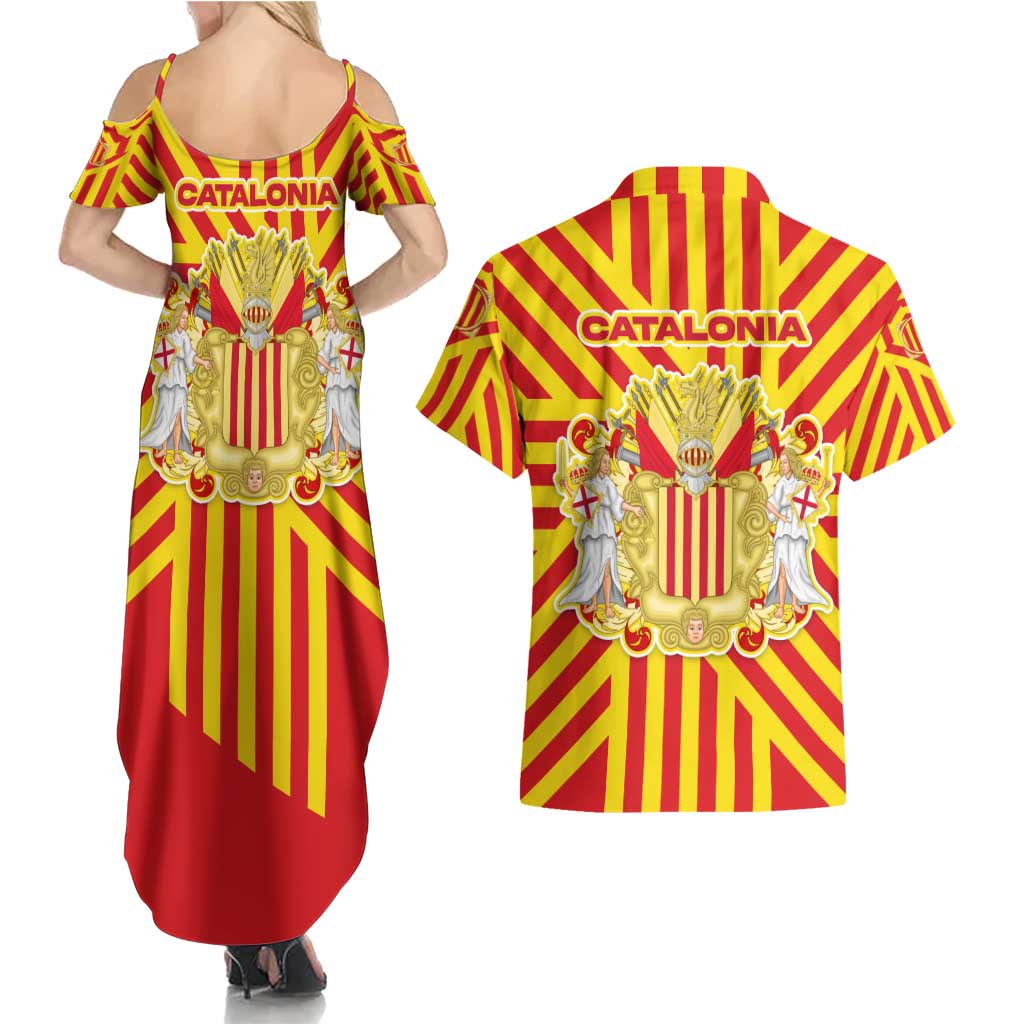 Catalonia Flag Couples Matching Summer Maxi Dress and Hawaiian Shirt Autonomous Community of Spain - Wonder Print Shop