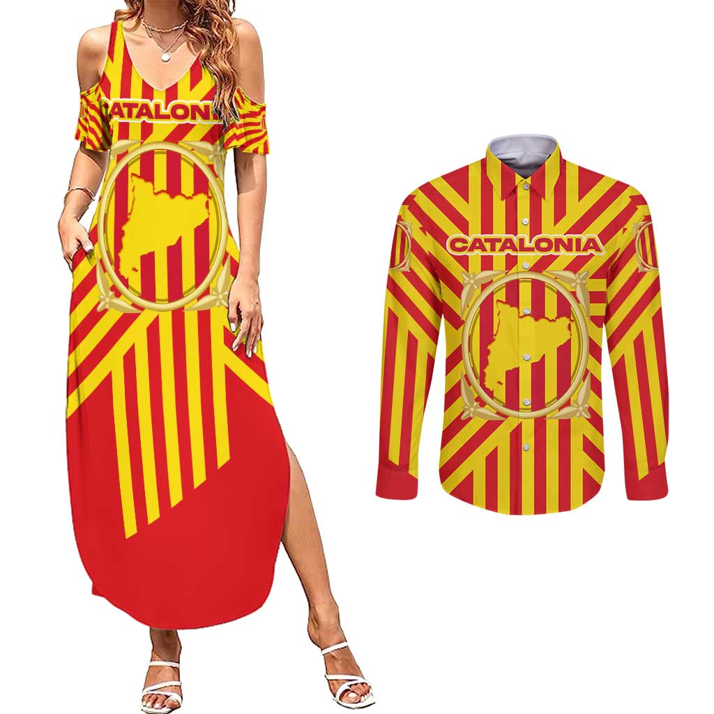 Catalonia Flag Couples Matching Summer Maxi Dress and Long Sleeve Button Shirt Autonomous Community of Spain - Wonder Print Shop