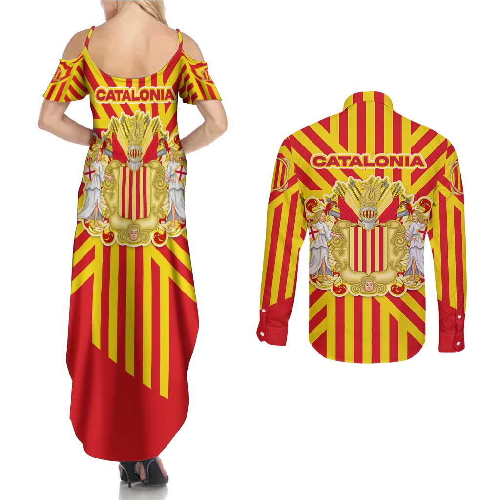 Catalonia Flag Couples Matching Summer Maxi Dress and Long Sleeve Button Shirt Autonomous Community of Spain - Wonder Print Shop