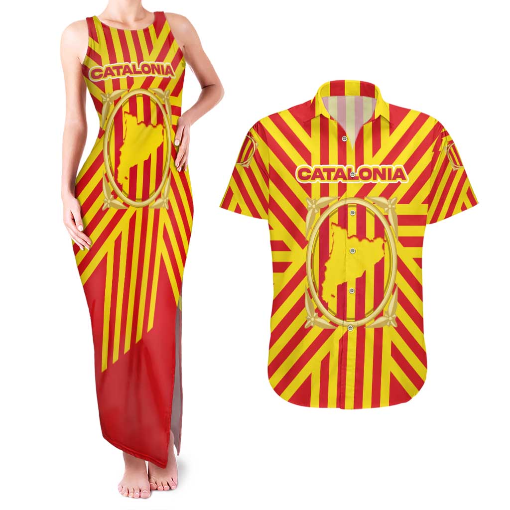 Catalonia Flag Couples Matching Tank Maxi Dress and Hawaiian Shirt Autonomous Community of Spain - Wonder Print Shop