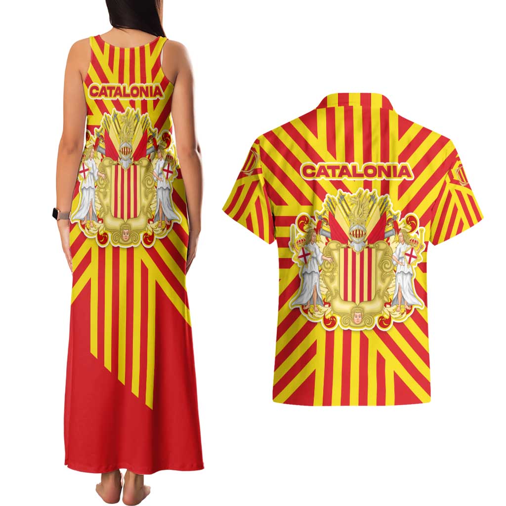 Catalonia Flag Couples Matching Tank Maxi Dress and Hawaiian Shirt Autonomous Community of Spain - Wonder Print Shop