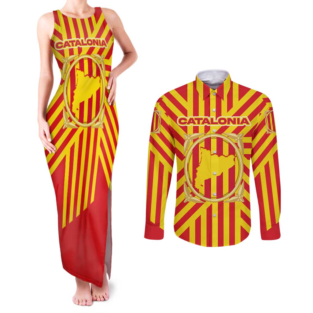 Catalonia Flag Couples Matching Tank Maxi Dress and Long Sleeve Button Shirt Autonomous Community of Spain - Wonder Print Shop