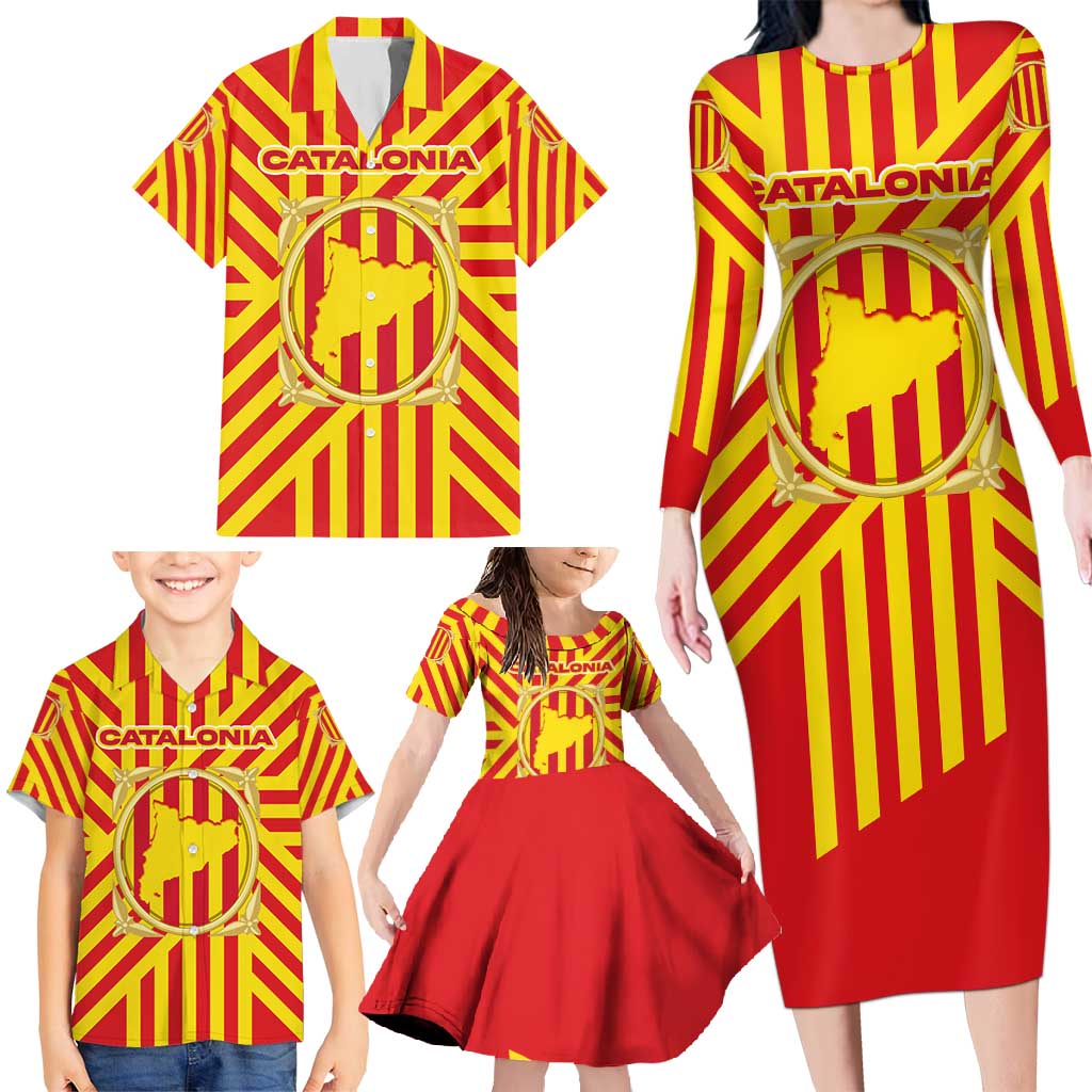 Catalonia Flag Family Matching Long Sleeve Bodycon Dress and Hawaiian Shirt Autonomous Community of Spain - Wonder Print Shop