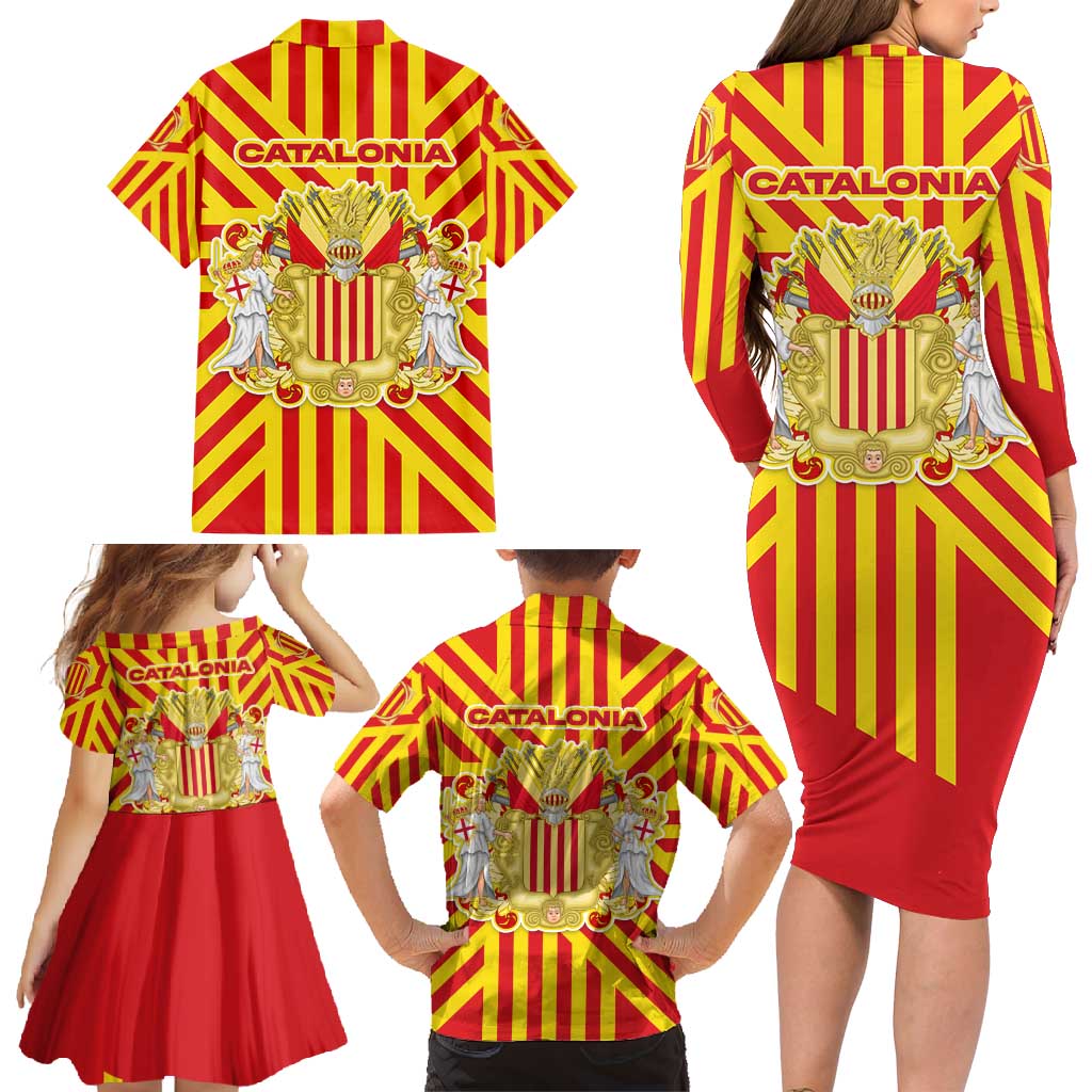 Catalonia Flag Family Matching Long Sleeve Bodycon Dress and Hawaiian Shirt Autonomous Community of Spain - Wonder Print Shop