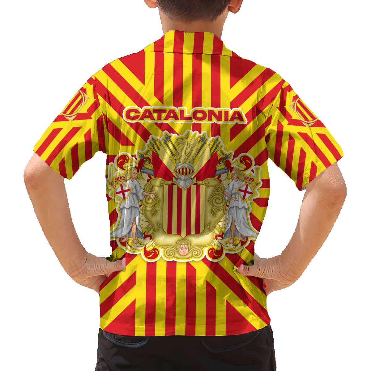 Catalonia Flag Family Matching Off The Shoulder Long Sleeve Dress and Hawaiian Shirt Autonomous Community of Spain - Wonder Print Shop