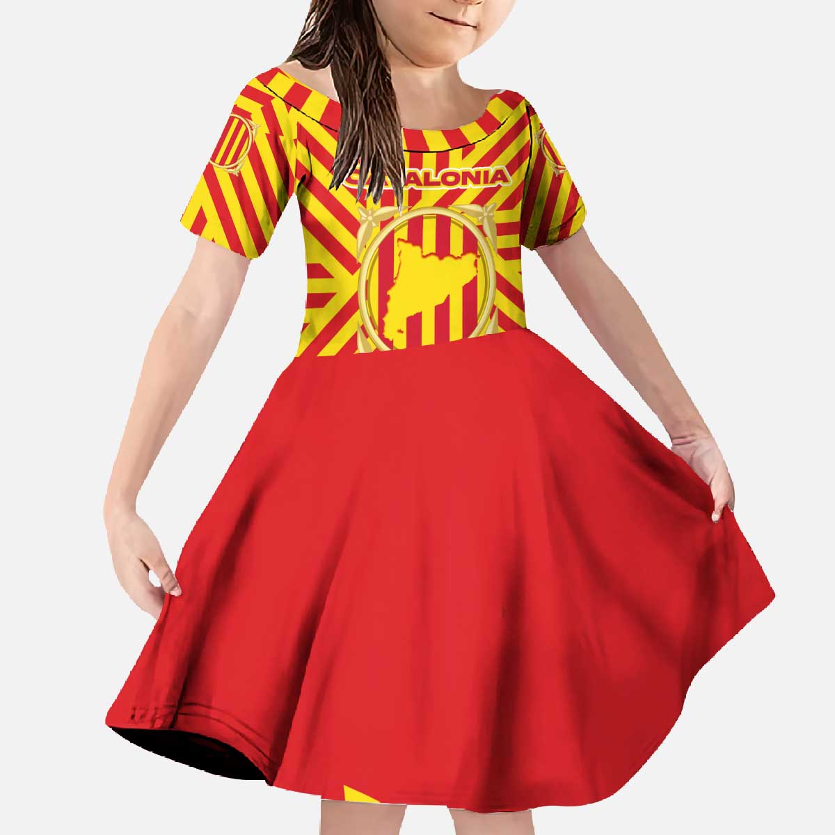 Catalonia Flag Family Matching Off The Shoulder Long Sleeve Dress and Hawaiian Shirt Autonomous Community of Spain - Wonder Print Shop