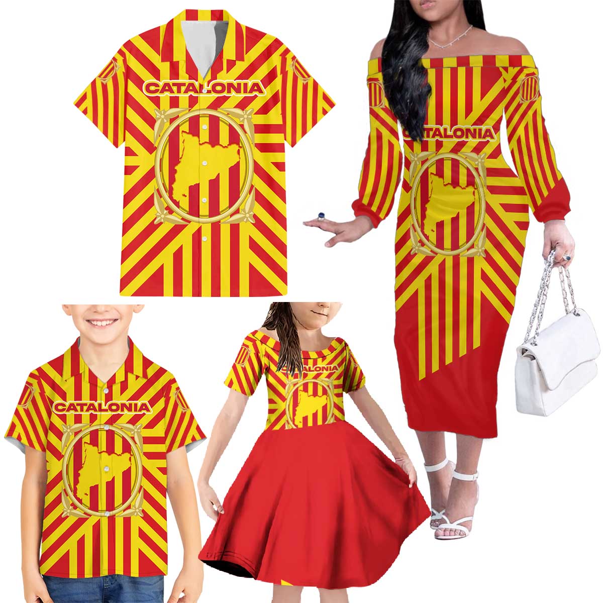 Catalonia Flag Family Matching Off The Shoulder Long Sleeve Dress and Hawaiian Shirt Autonomous Community of Spain - Wonder Print Shop