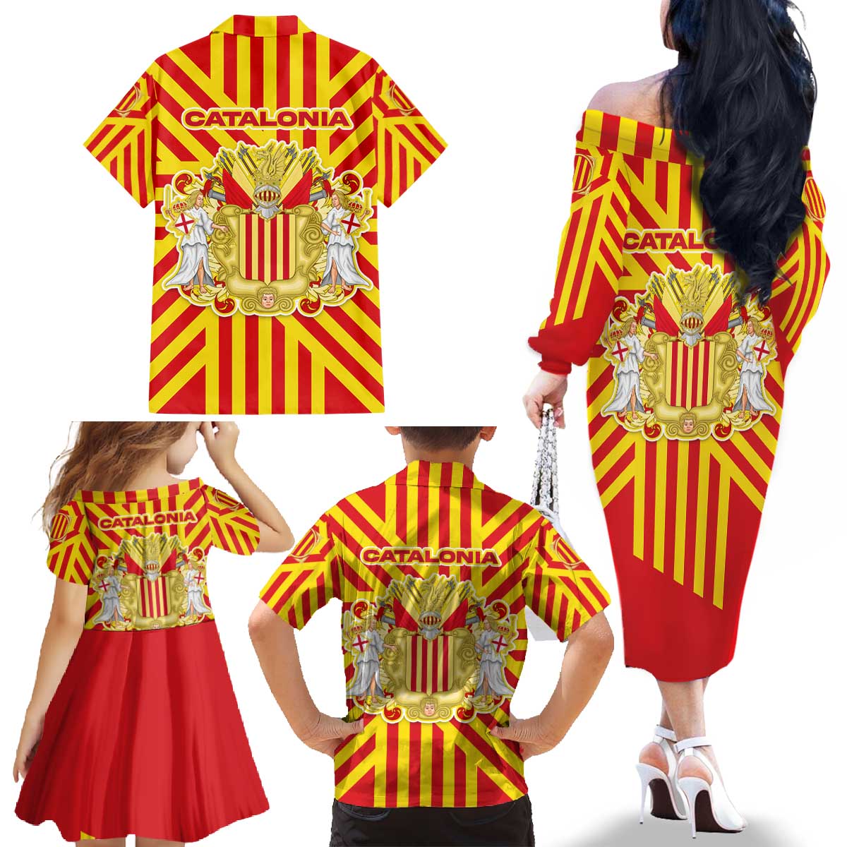 Catalonia Flag Family Matching Off The Shoulder Long Sleeve Dress and Hawaiian Shirt Autonomous Community of Spain - Wonder Print Shop