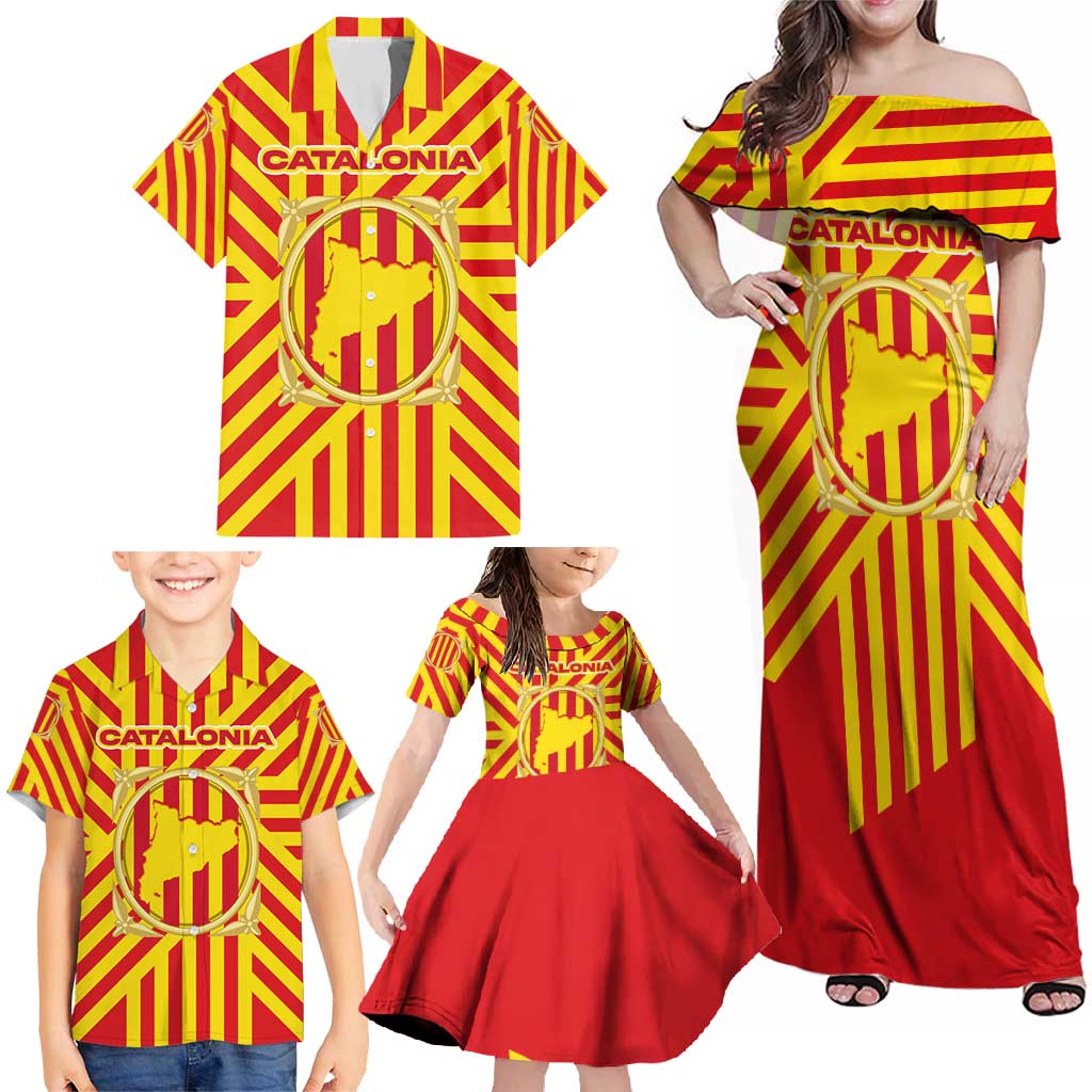 Catalonia Flag Family Matching Off Shoulder Maxi Dress and Hawaiian Shirt Autonomous Community of Spain - Wonder Print Shop