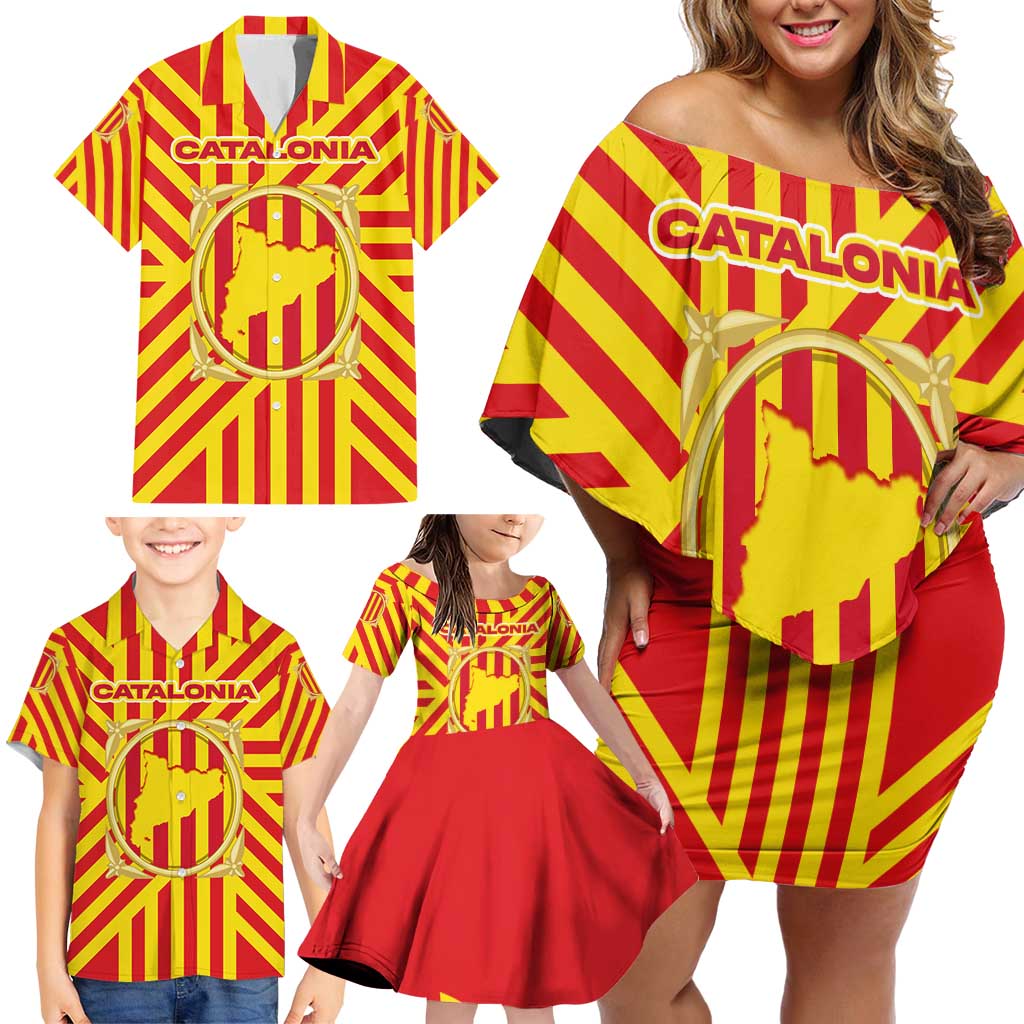 Catalonia Flag Family Matching Off Shoulder Short Dress and Hawaiian Shirt Autonomous Community of Spain - Wonder Print Shop