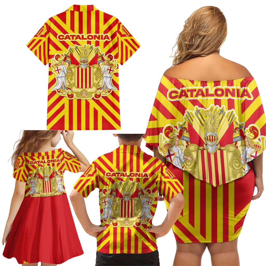 Catalonia Flag Family Matching Off Shoulder Short Dress and Hawaiian Shirt Autonomous Community of Spain - Wonder Print Shop