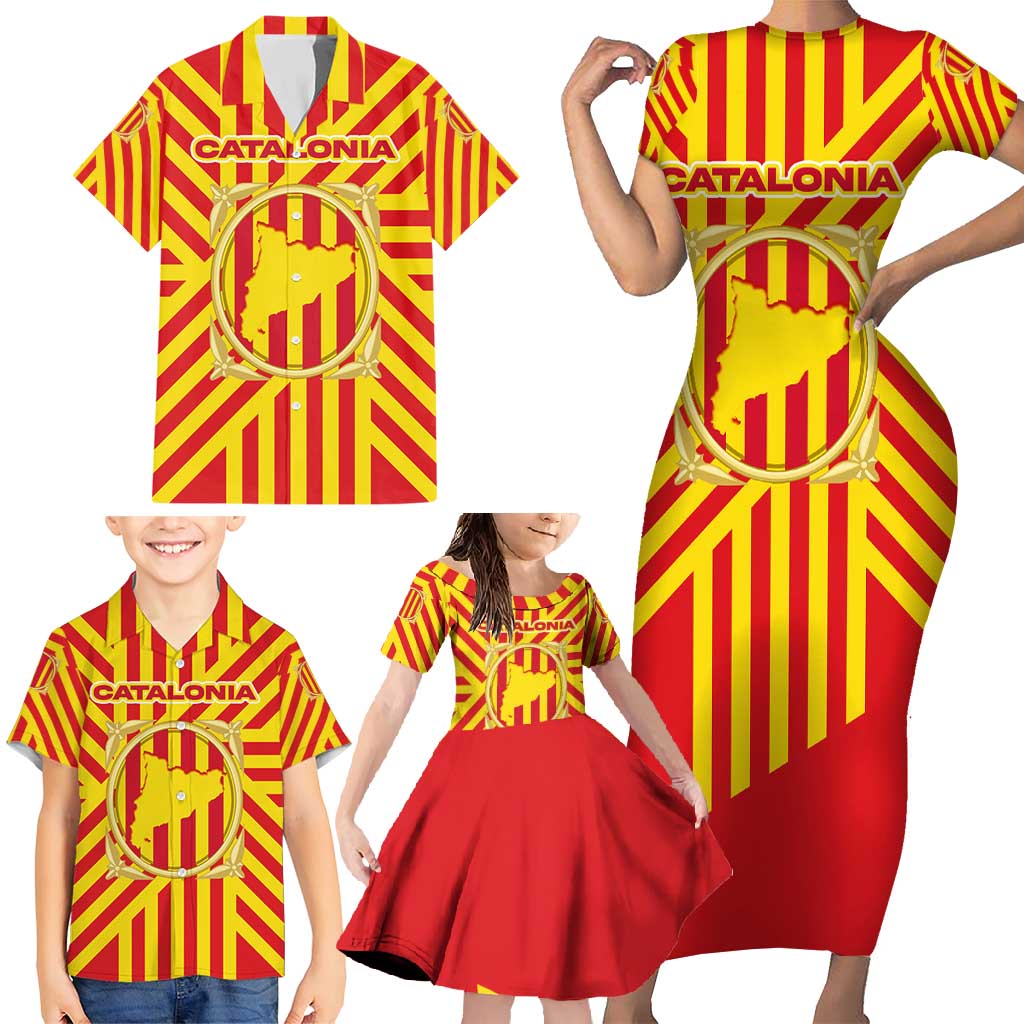 Catalonia Flag Family Matching Short Sleeve Bodycon Dress and Hawaiian Shirt Autonomous Community of Spain - Wonder Print Shop