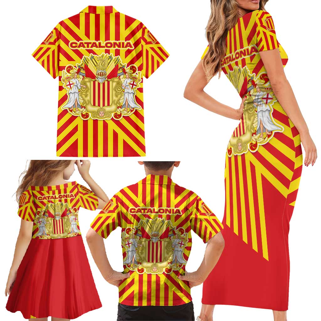 Catalonia Flag Family Matching Short Sleeve Bodycon Dress and Hawaiian Shirt Autonomous Community of Spain - Wonder Print Shop