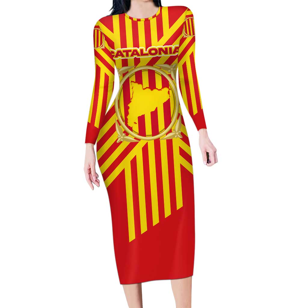 Catalonia Flag Long Sleeve Bodycon Dress Autonomous Community of Spain - Wonder Print Shop