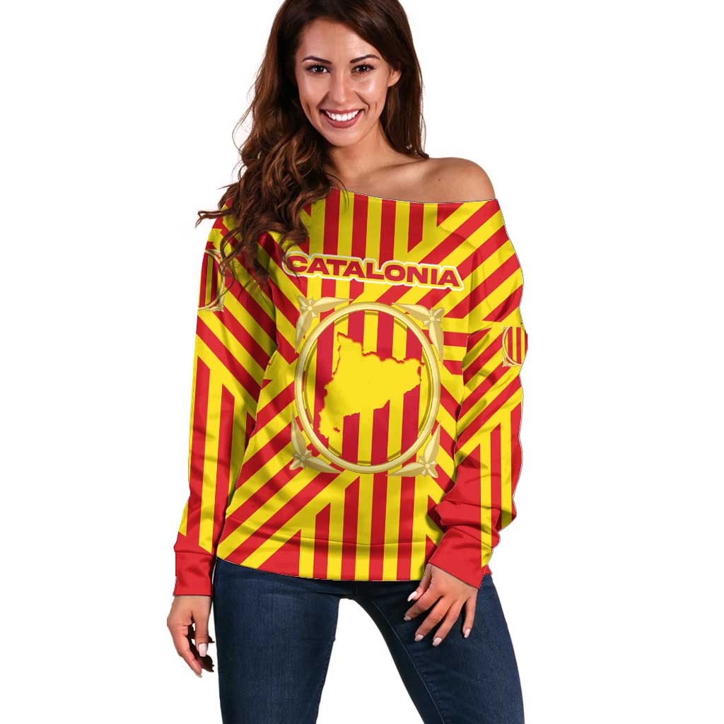 Catalonia Flag Off Shoulder Sweater Autonomous Community of Spain - Wonder Print Shop