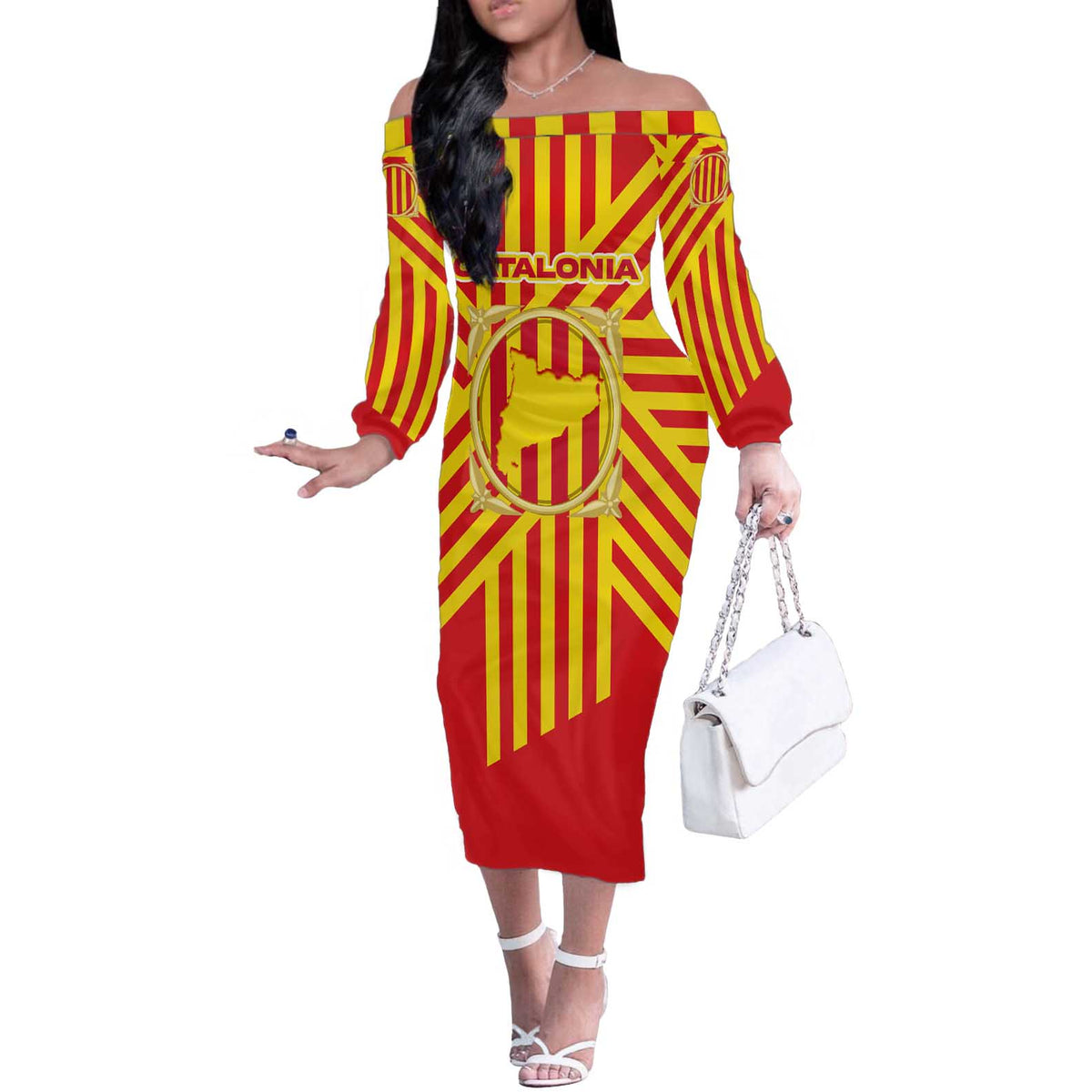 Catalonia Flag Off The Shoulder Long Sleeve Dress Autonomous Community of Spain - Wonder Print Shop