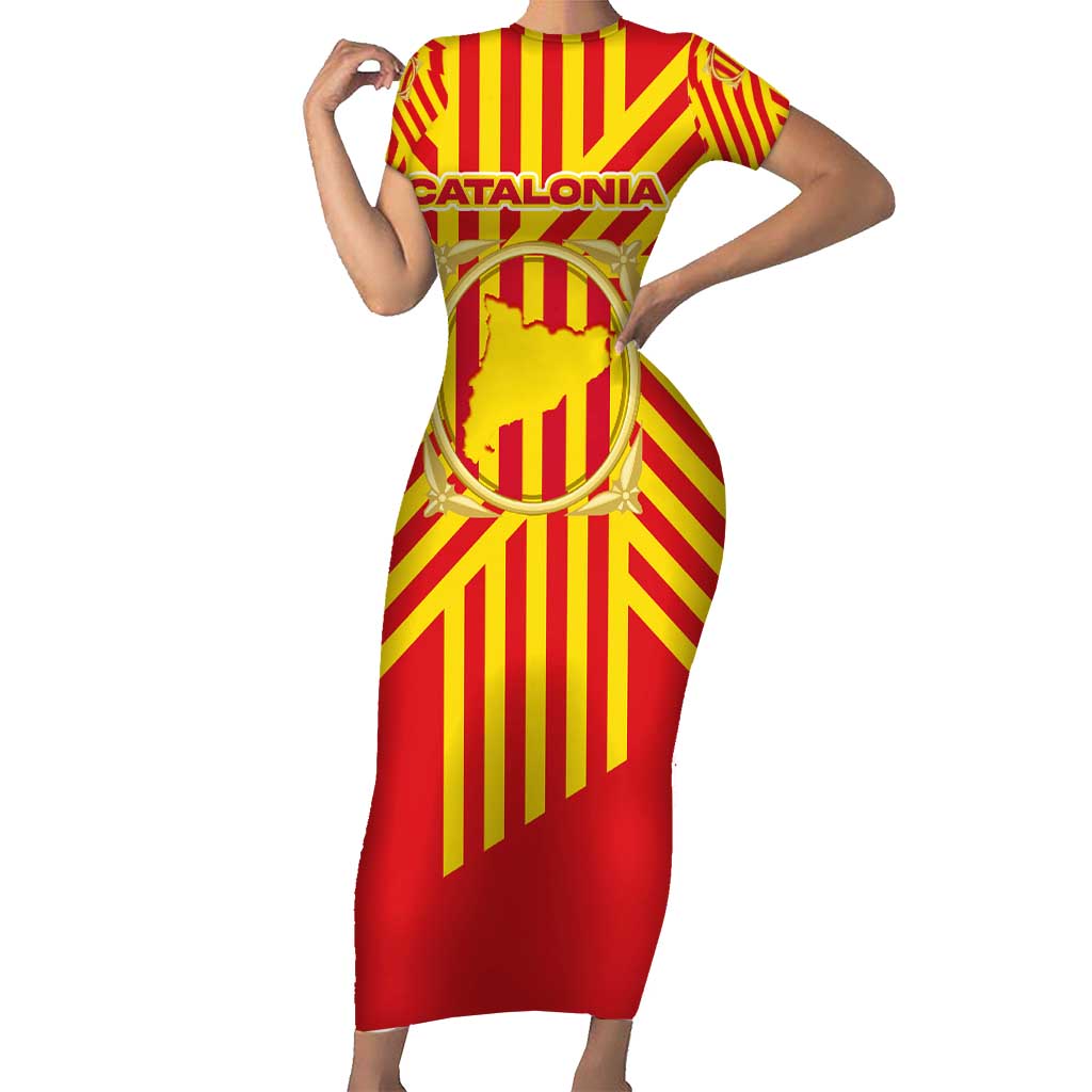 Catalonia Flag Short Sleeve Bodycon Dress Autonomous Community of Spain - Wonder Print Shop