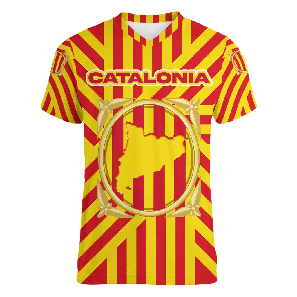 Catalonia Flag Women V-Neck T-Shirt Autonomous Community of Spain - Wonder Print Shop