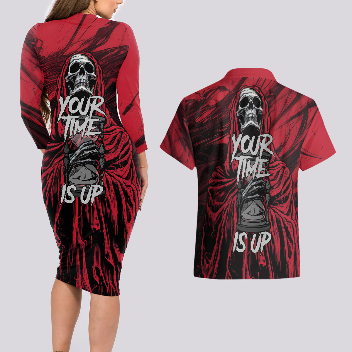 Skull Death Couples Matching Long Sleeve Bodycon Dress and Hawaiian Shirt Your Time - Wonder Print Shop