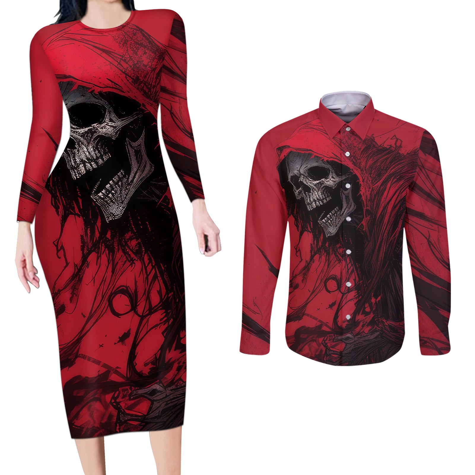 Skull Death Couples Matching Long Sleeve Bodycon Dress and Long Sleeve Button Shirts Your Time - Wonder Print Shop