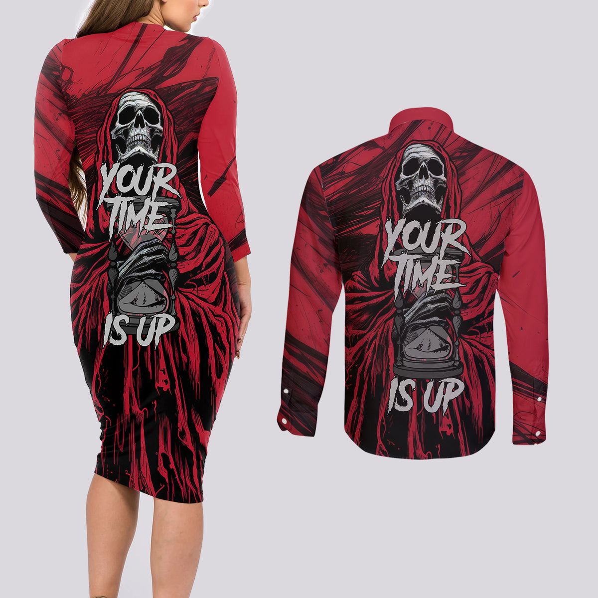 Skull Death Couples Matching Long Sleeve Bodycon Dress and Long Sleeve Button Shirts Your Time - Wonder Print Shop