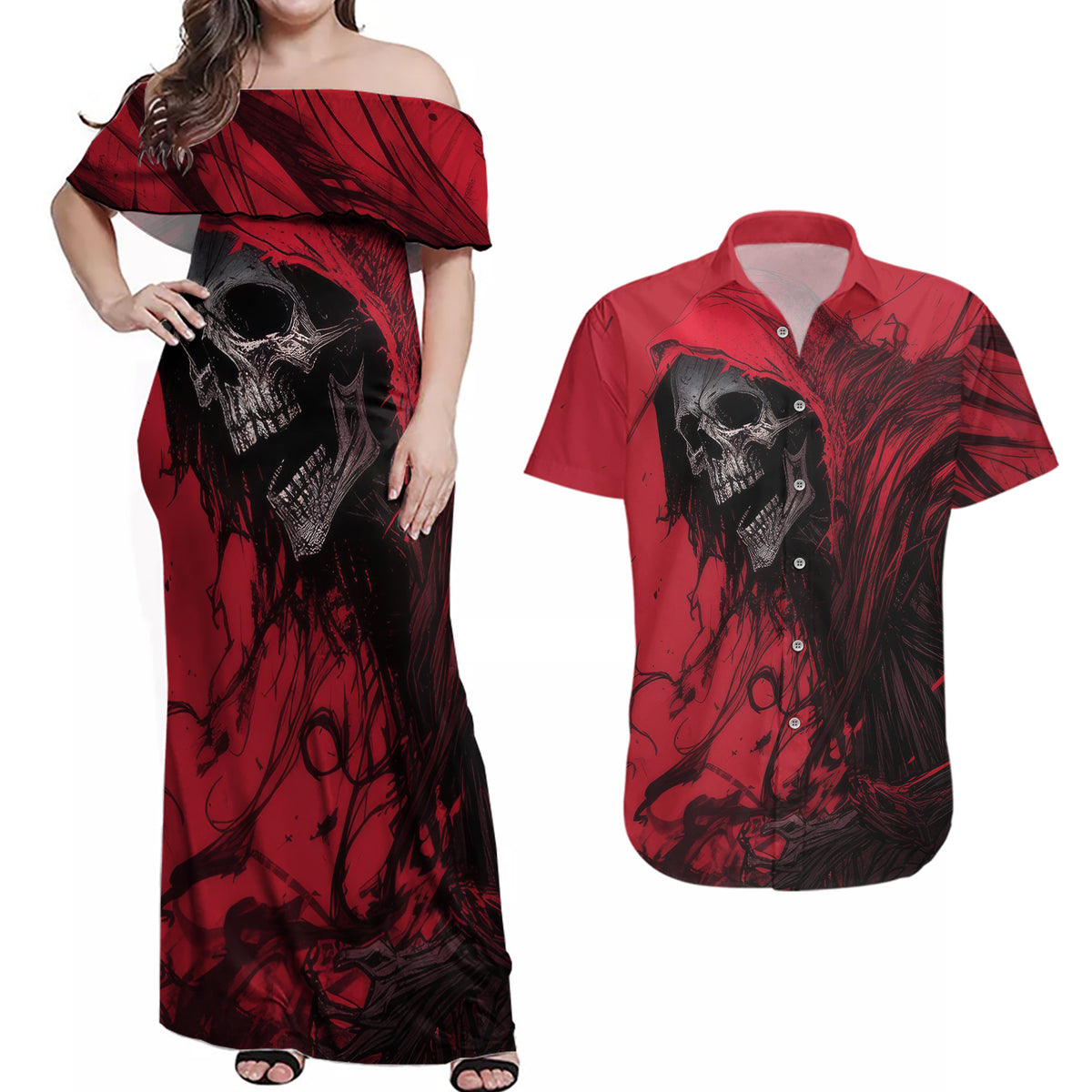 Skull Death Couples Matching Off Shoulder Maxi Dress and Hawaiian Shirt Your Time - Wonder Print Shop
