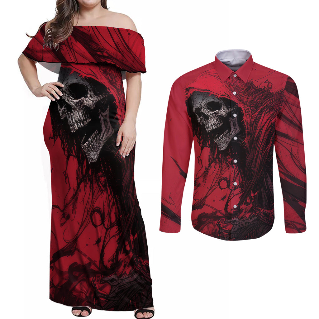 Skull Death Couples Matching Off Shoulder Maxi Dress and Long Sleeve Button Shirts Your Time - Wonder Print Shop