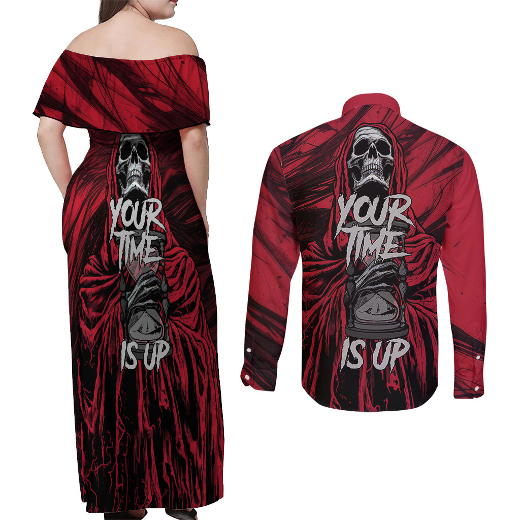 Skull Death Couples Matching Off Shoulder Maxi Dress and Long Sleeve Button Shirts Your Time - Wonder Print Shop
