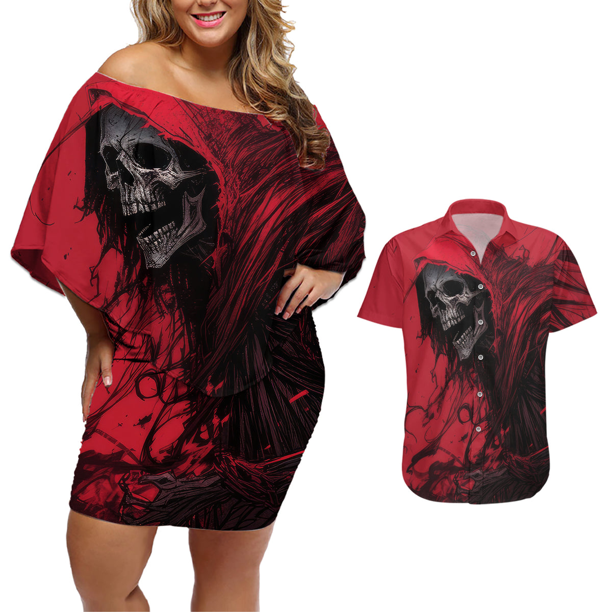 Skull Death Couples Matching Off Shoulder Short Dress and Hawaiian Shirt Your Time - Wonder Print Shop