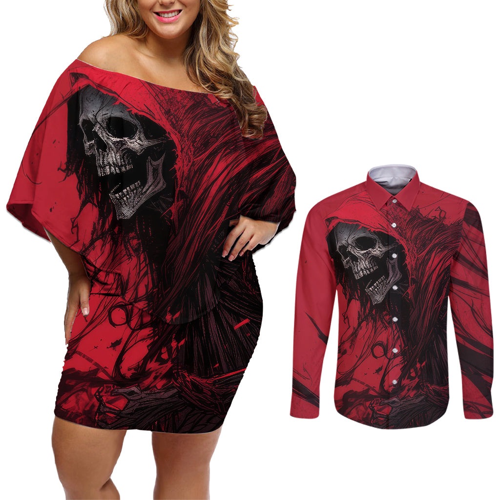 Skull Death Couples Matching Off Shoulder Short Dress and Long Sleeve Button Shirts Your Time - Wonder Print Shop