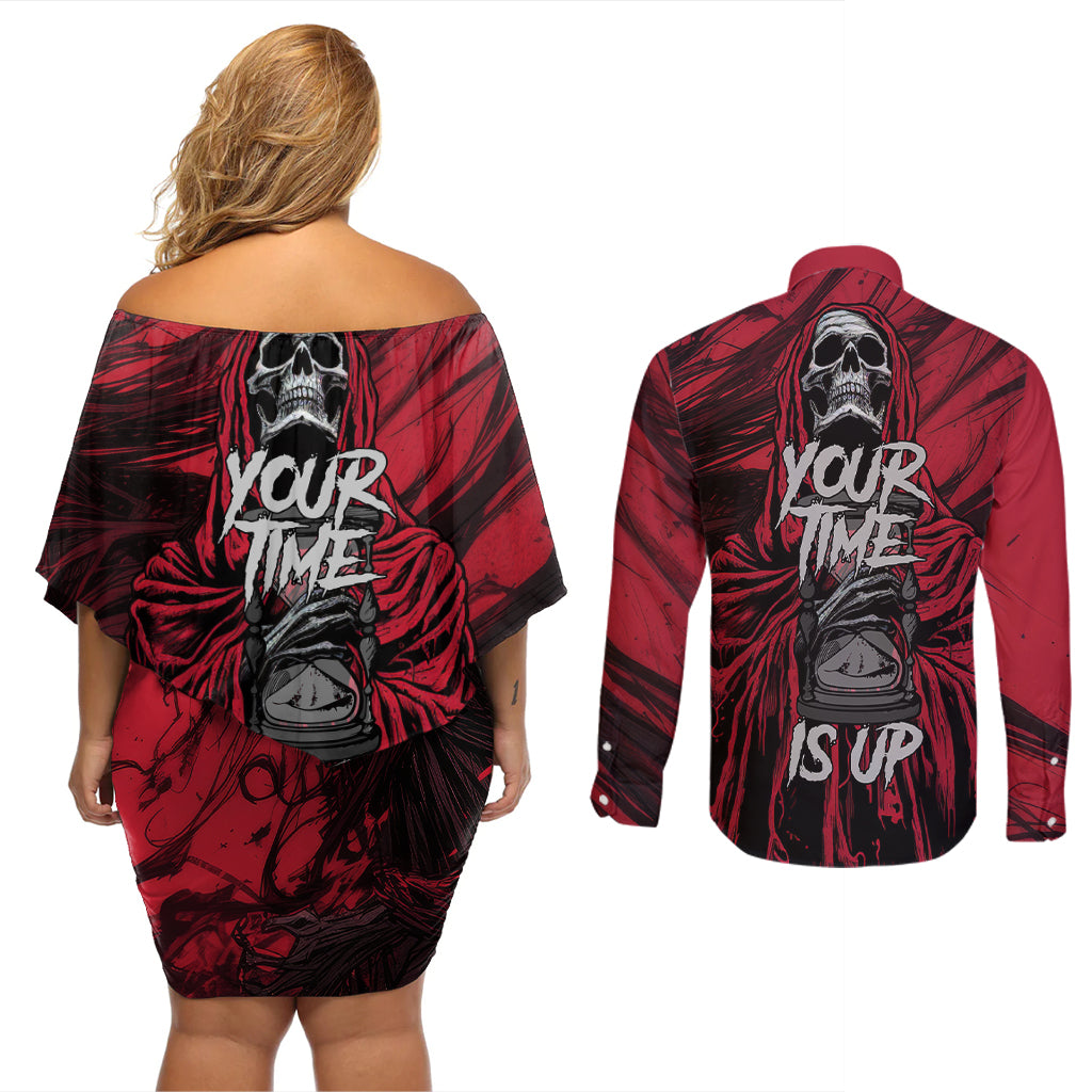Skull Death Couples Matching Off Shoulder Short Dress and Long Sleeve Button Shirts Your Time - Wonder Print Shop
