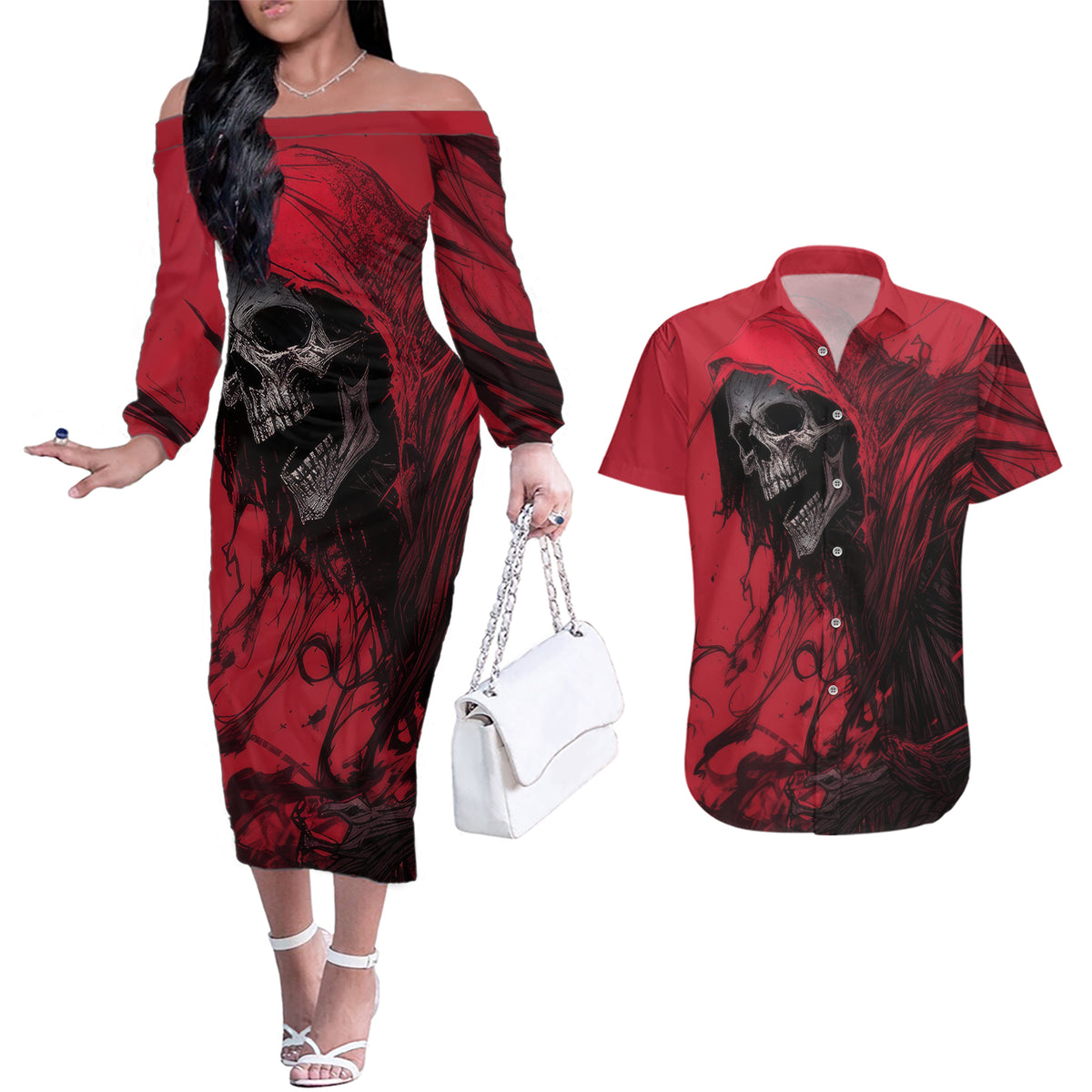 Skull Death Couples Matching Off The Shoulder Long Sleeve Dress and Hawaiian Shirt Your Time - Wonder Print Shop