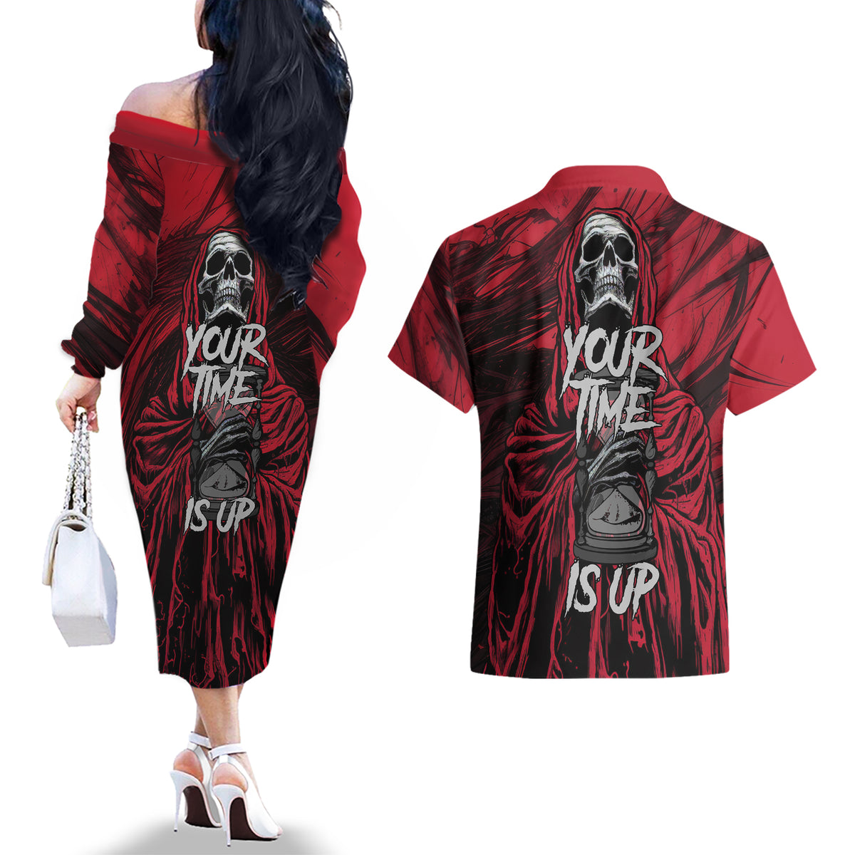 Skull Death Couples Matching Off The Shoulder Long Sleeve Dress and Hawaiian Shirt Your Time - Wonder Print Shop