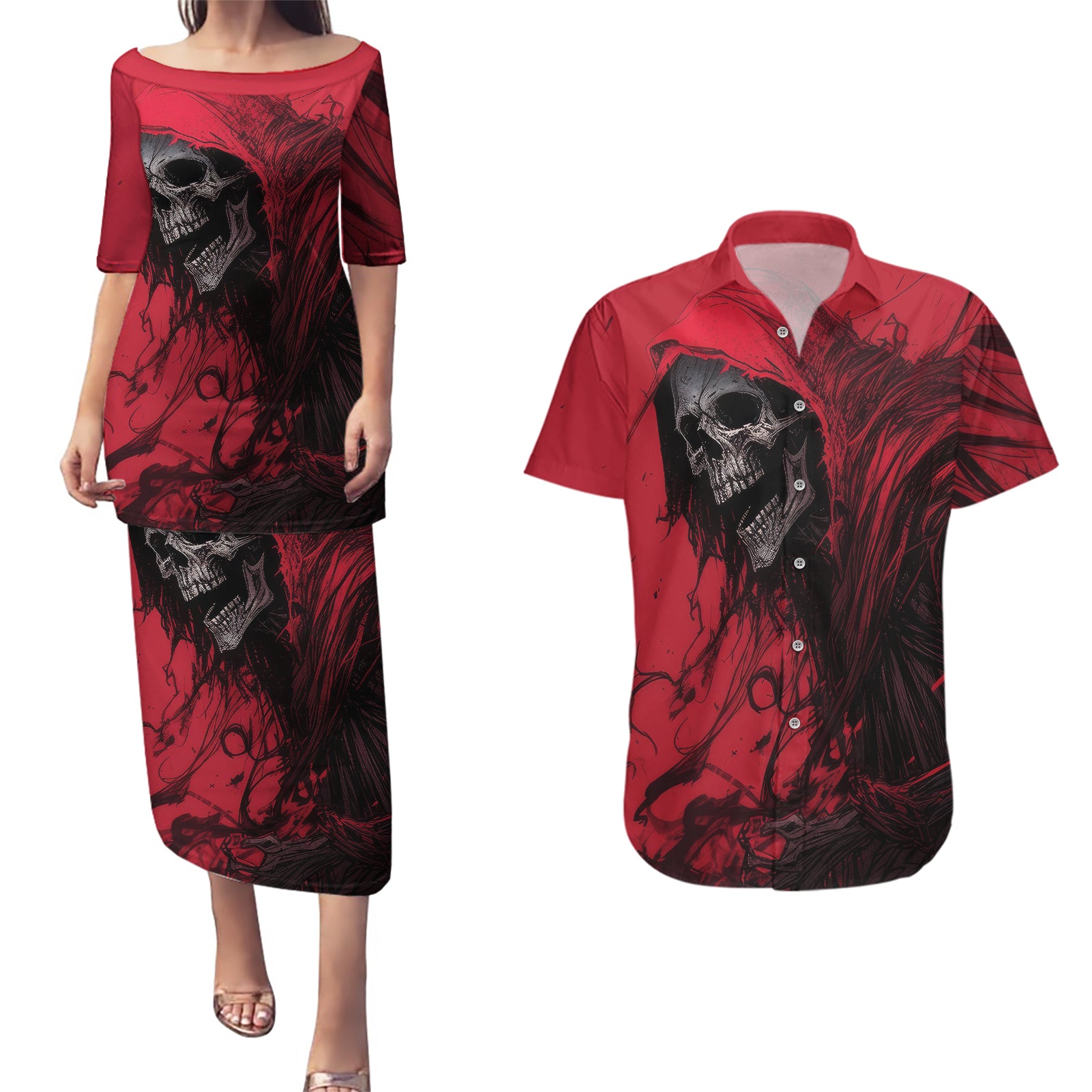 Skull Death Couples Matching Puletasi Dress and Hawaiian Shirt Your Time - Wonder Print Shop