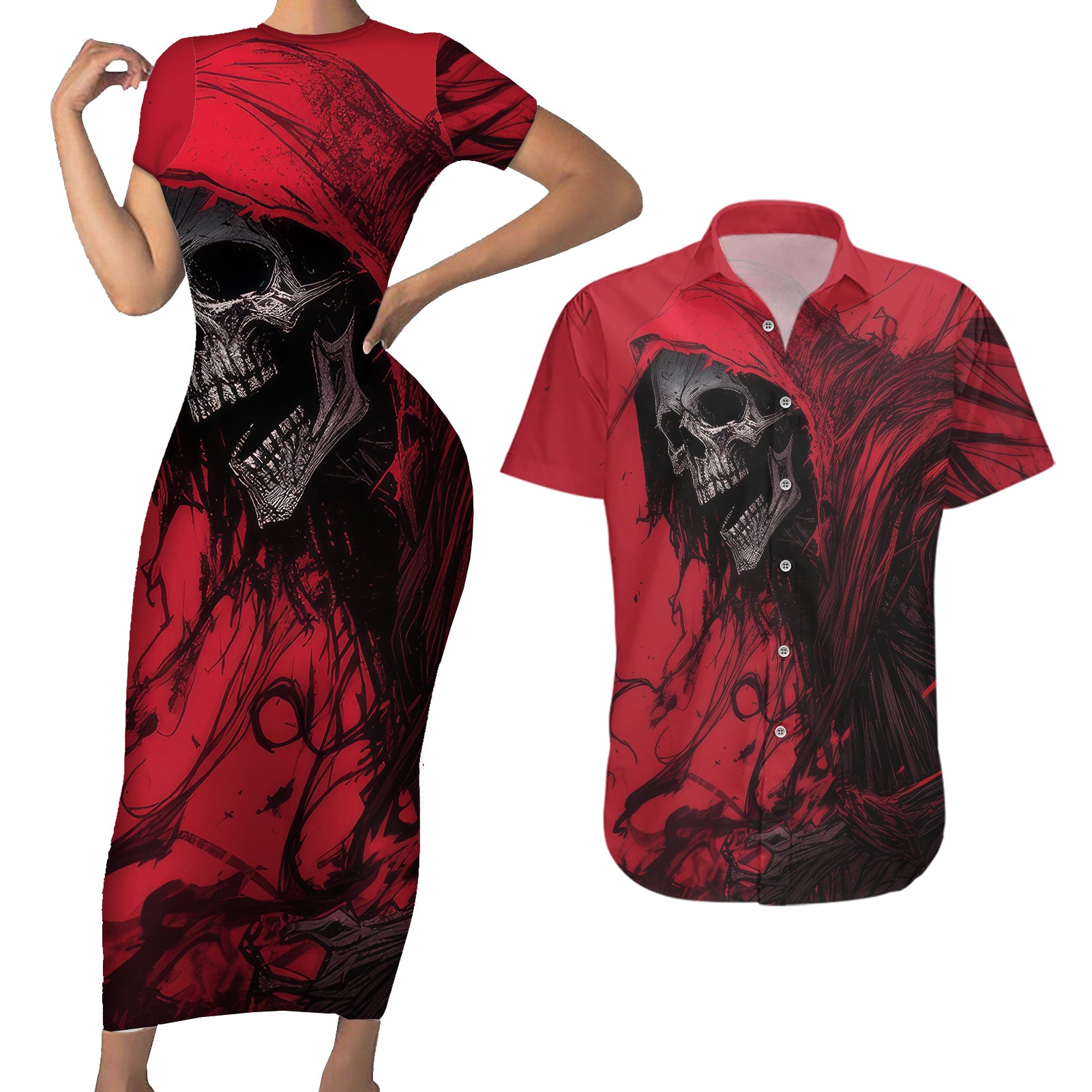 Skull Death Couples Matching Short Sleeve Bodycon Dress and Hawaiian Shirt Your Time - Wonder Print Shop