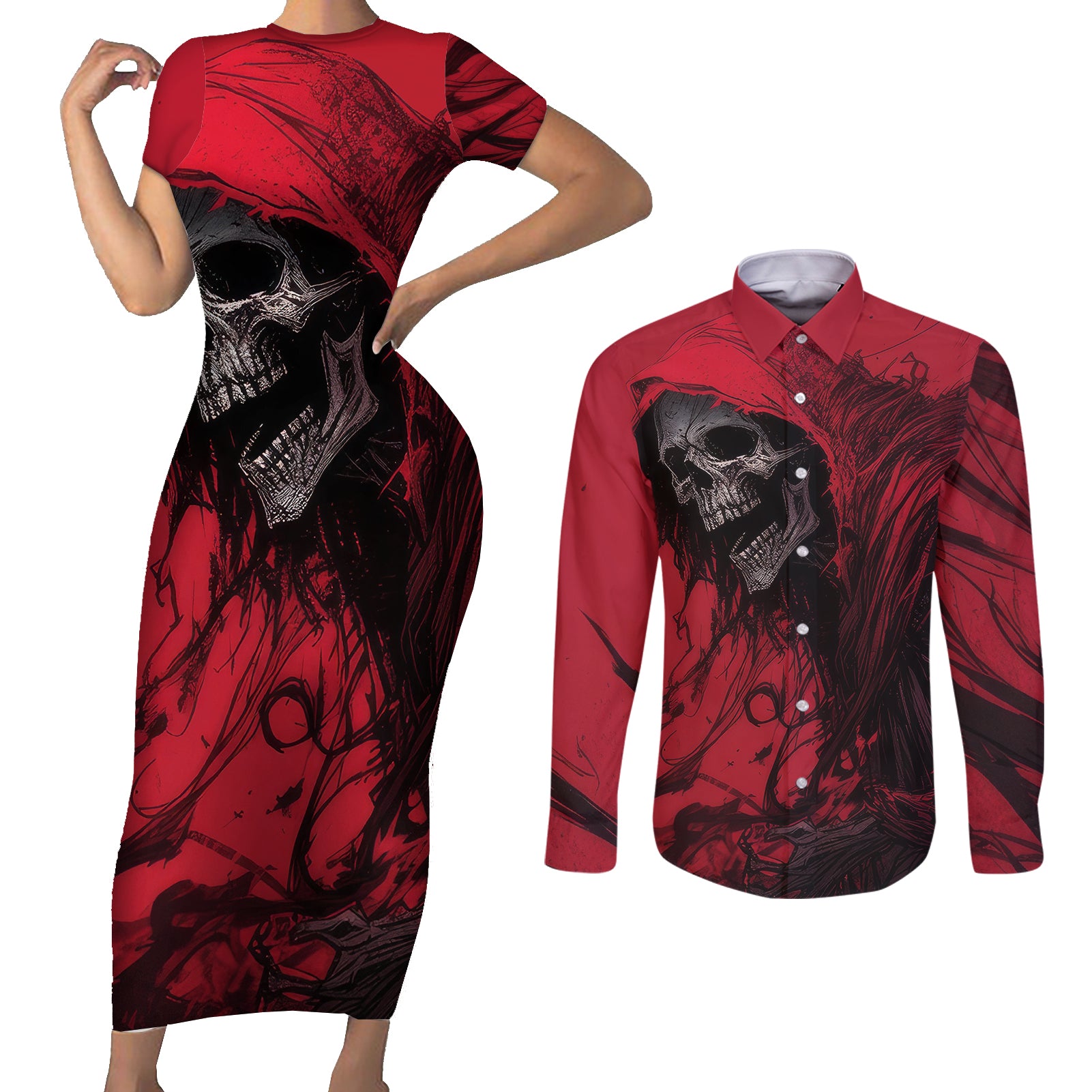 Skull Death Couples Matching Short Sleeve Bodycon Dress and Long Sleeve Button Shirts Your Time - Wonder Print Shop