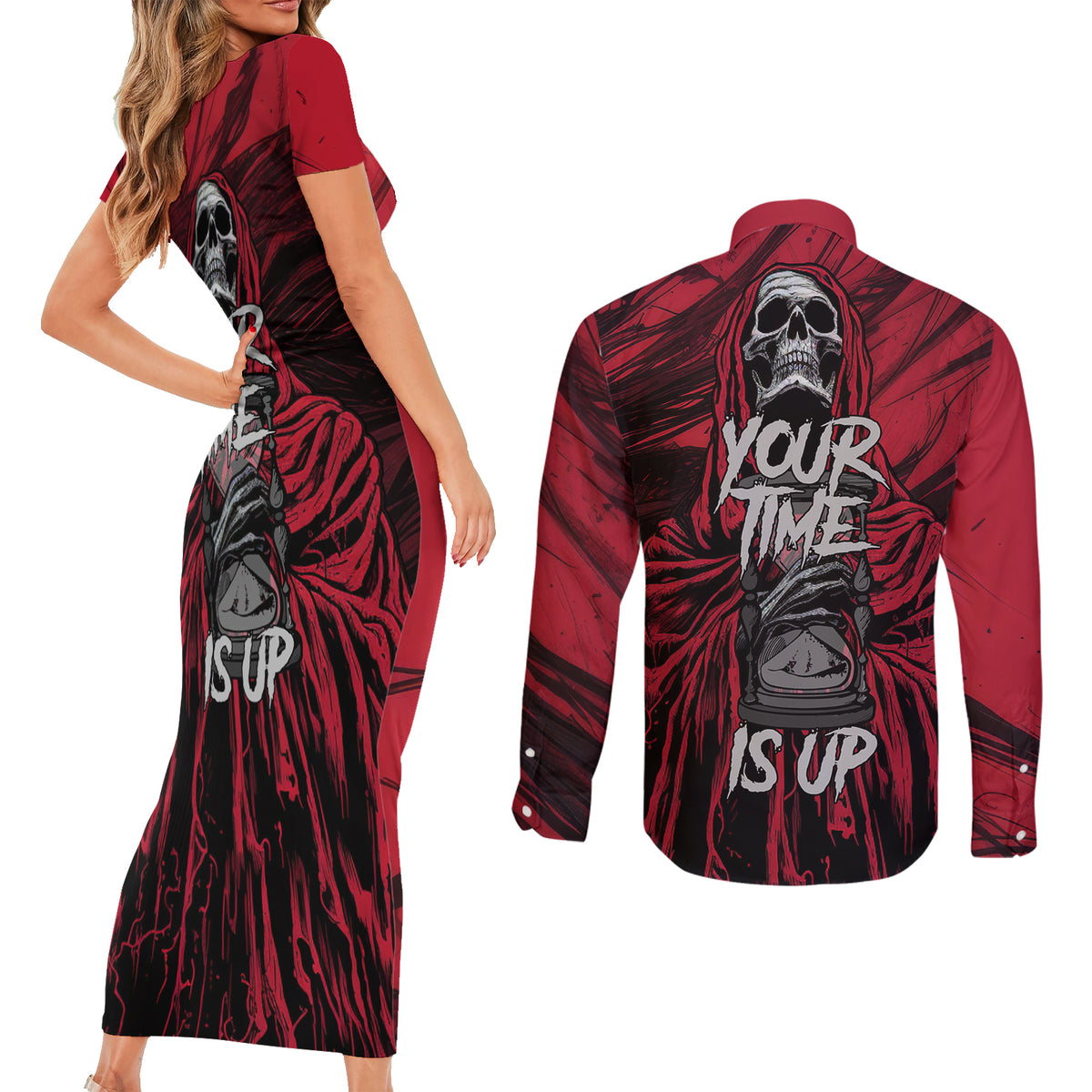 Skull Death Couples Matching Short Sleeve Bodycon Dress and Long Sleeve Button Shirts Your Time - Wonder Print Shop