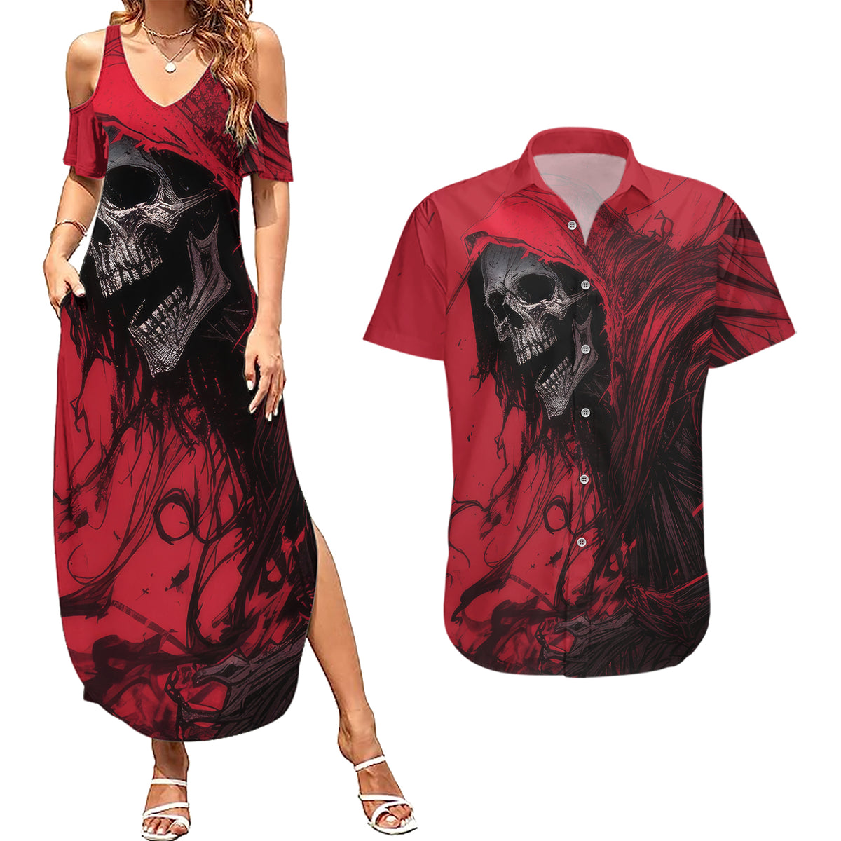 Skull Death Couples Matching Summer Maxi Dress and Hawaiian Shirt Your Time - Wonder Print Shop