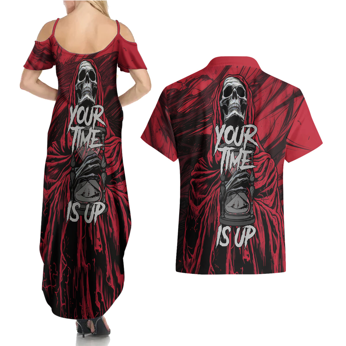 Skull Death Couples Matching Summer Maxi Dress and Hawaiian Shirt Your Time - Wonder Print Shop