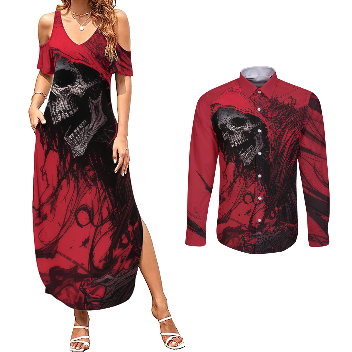 Skull Death Couples Matching Summer Maxi Dress and Long Sleeve Button Shirts Your Time - Wonder Print Shop
