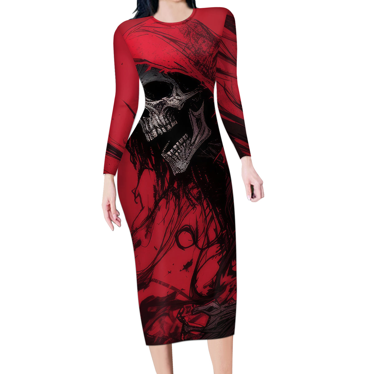 Skull Death Long Sleeve Bodycon Dress Your Time - Wonder Print Shop