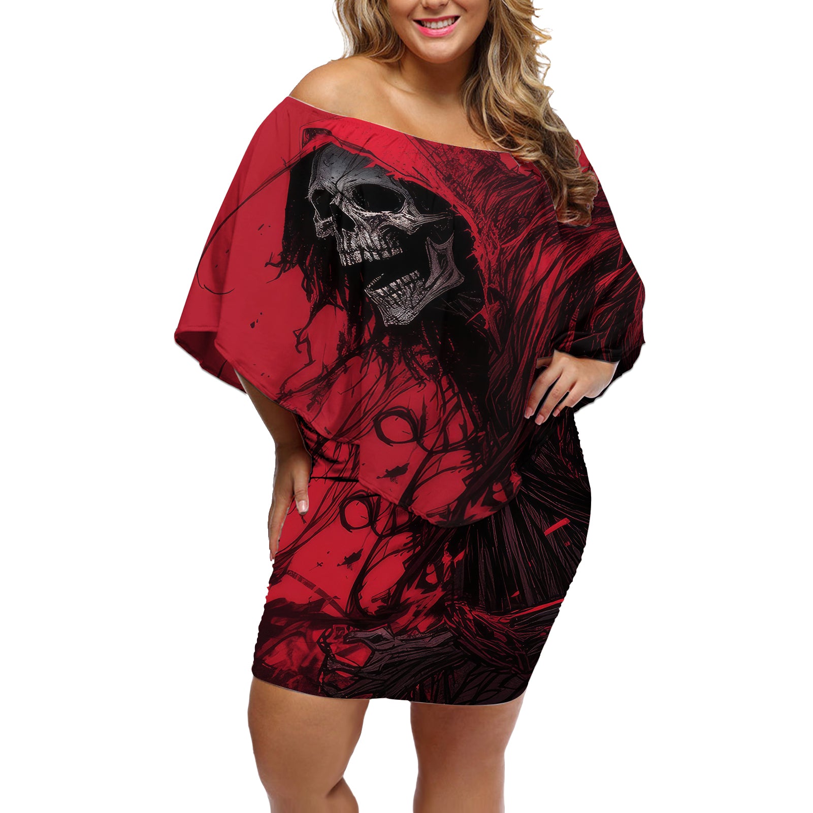 Skull Death Off Shoulder Short Dress Your Time - Wonder Print Shop