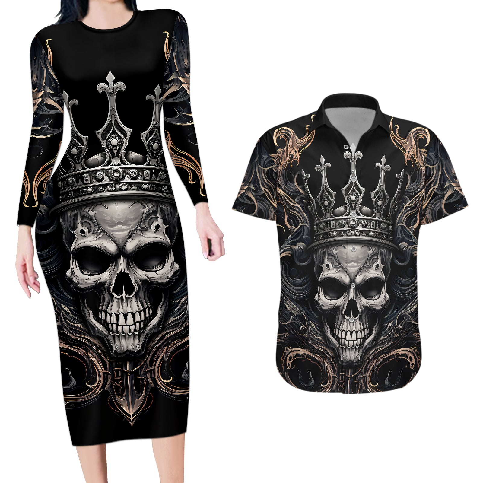 Skull Fantasy Couples Matching Long Sleeve Bodycon Dress and Hawaiian Shirt Who Needs Inner Demons When You Are The Demon - Wonder Print Shop