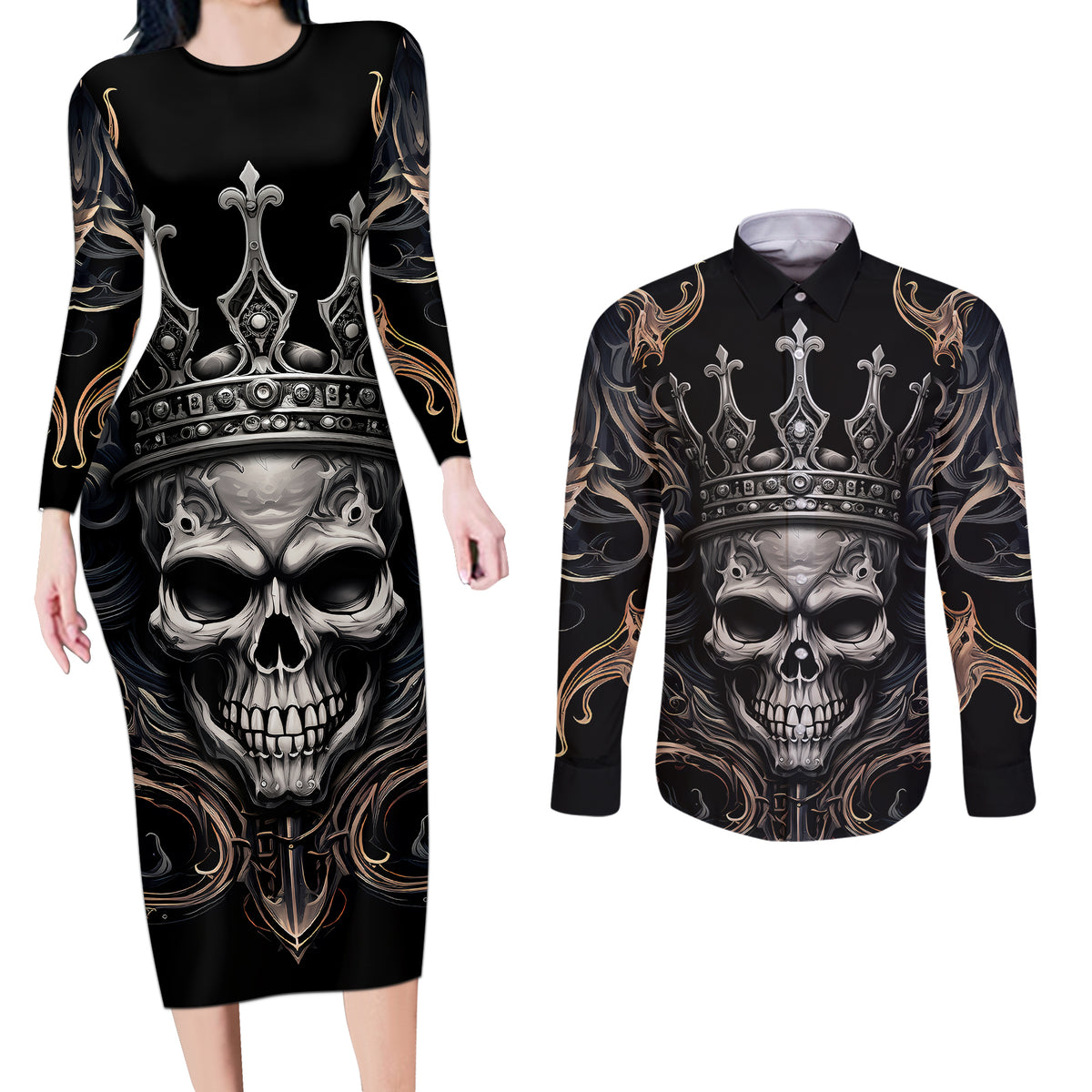 Skull Fantasy Couples Matching Long Sleeve Bodycon Dress and Long Sleeve Button Shirts Who Needs Inner Demons When You Are The Demon - Wonder Print Shop
