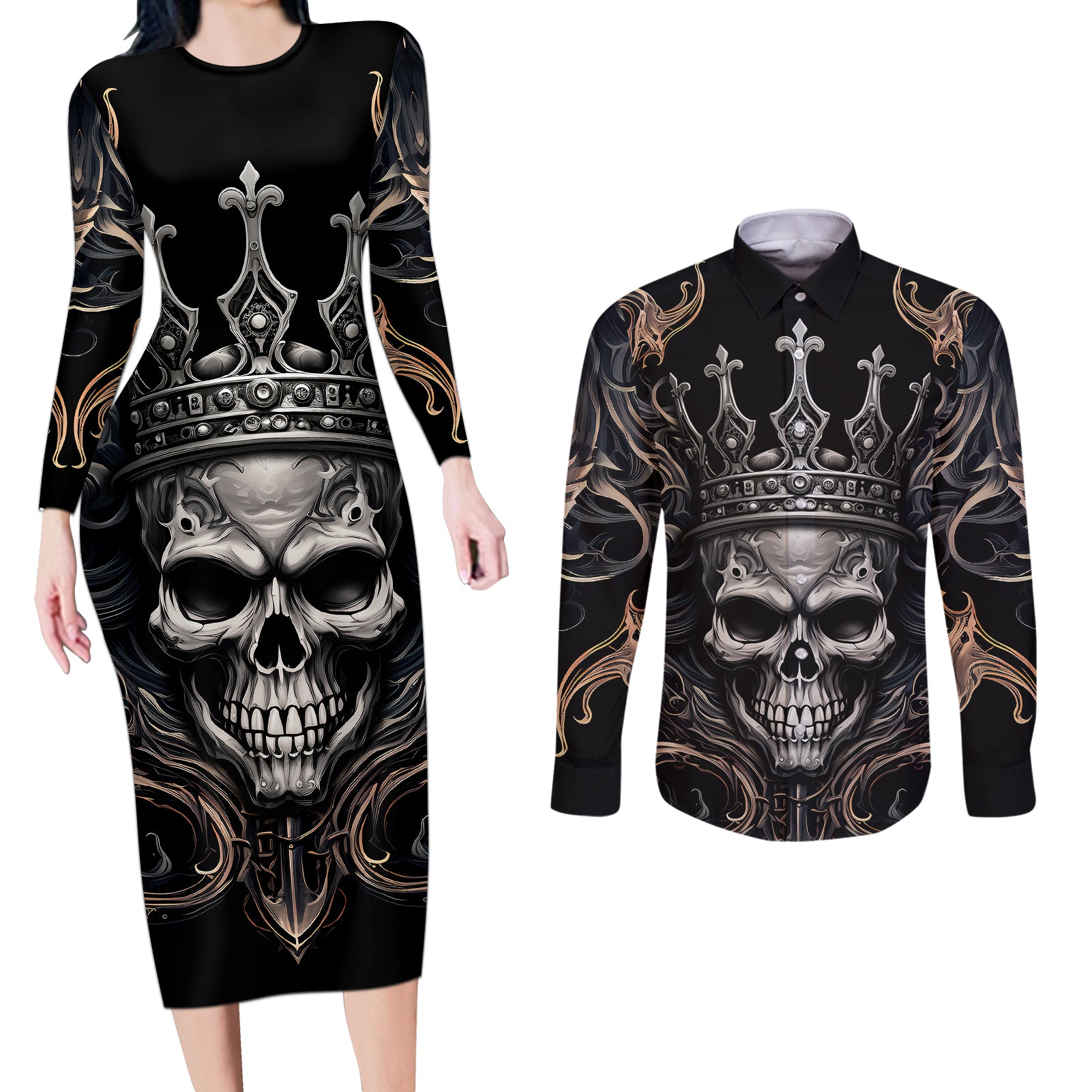 Skull Fantasy Couples Matching Long Sleeve Bodycon Dress and Long Sleeve Button Shirts Who Needs Inner Demons When You Are The Demon - Wonder Print Shop